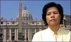 Maria Sung stands outside the Vatican during her hunger-strike